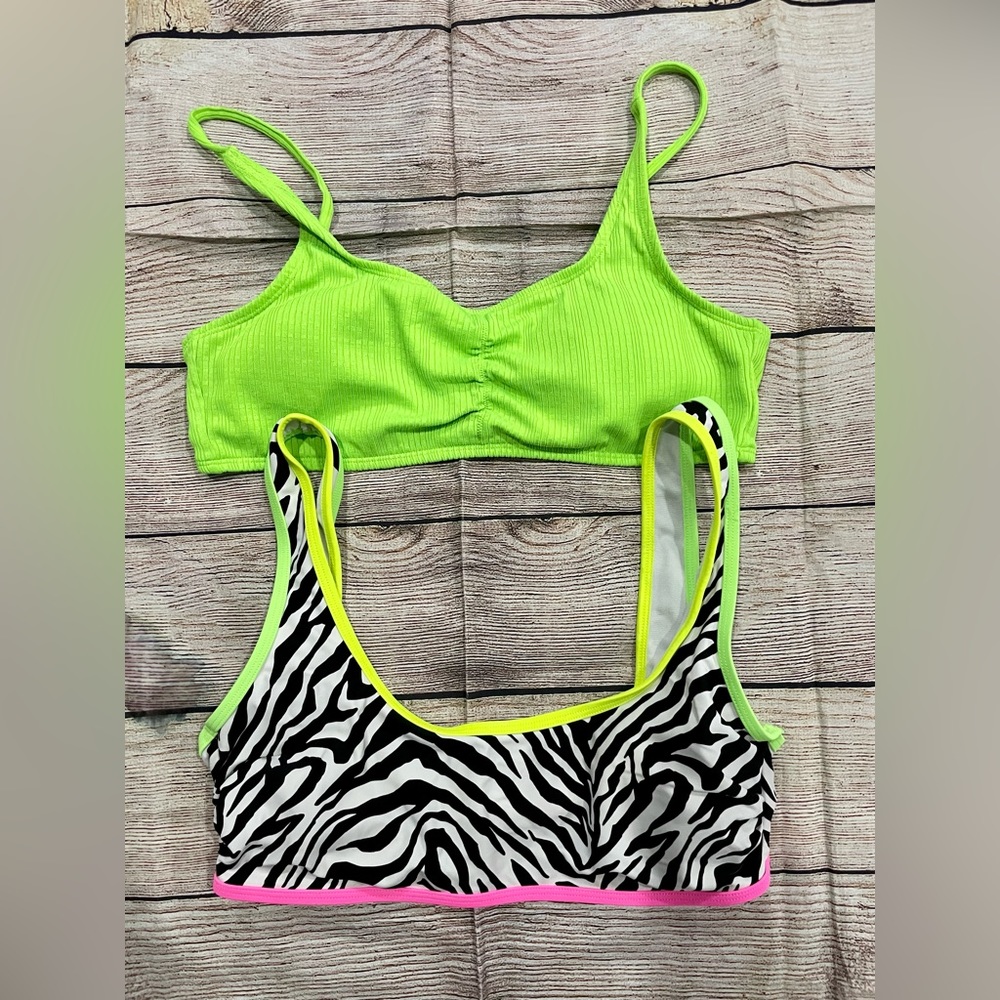 Bikini swimsuit top set green pink zebra large No Boundaries